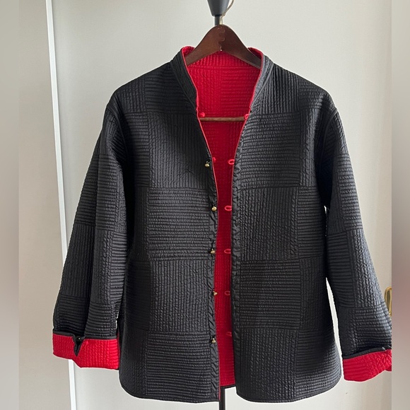 New Sam Hilus Classic 100% Silk Reversible Nehru Jacket Women's Black & Red L XL - Picture 5 of 15